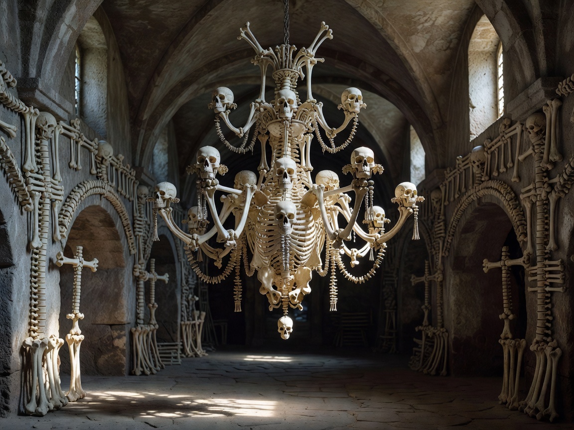 Gothic skeletal artwork chandelier in Sedlec Ossuary