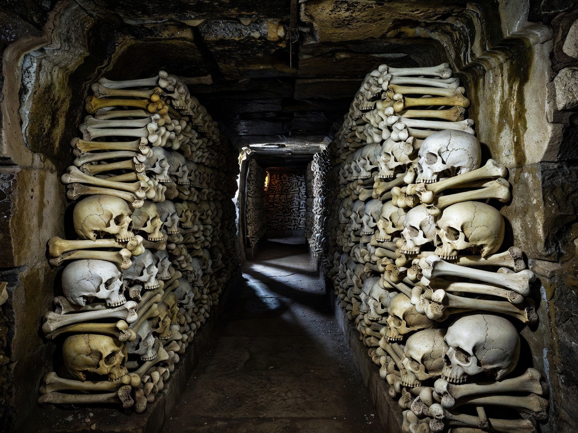 Subterranean bone arrangements inside Paris Catacombs